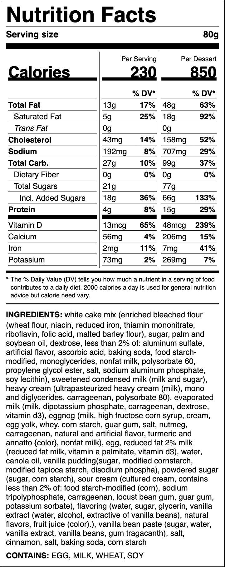 Nutrition label for Eggnog Tres Leches Cake