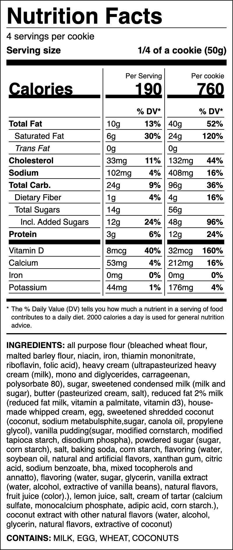 Nutrition label for Coconut Cream Pie