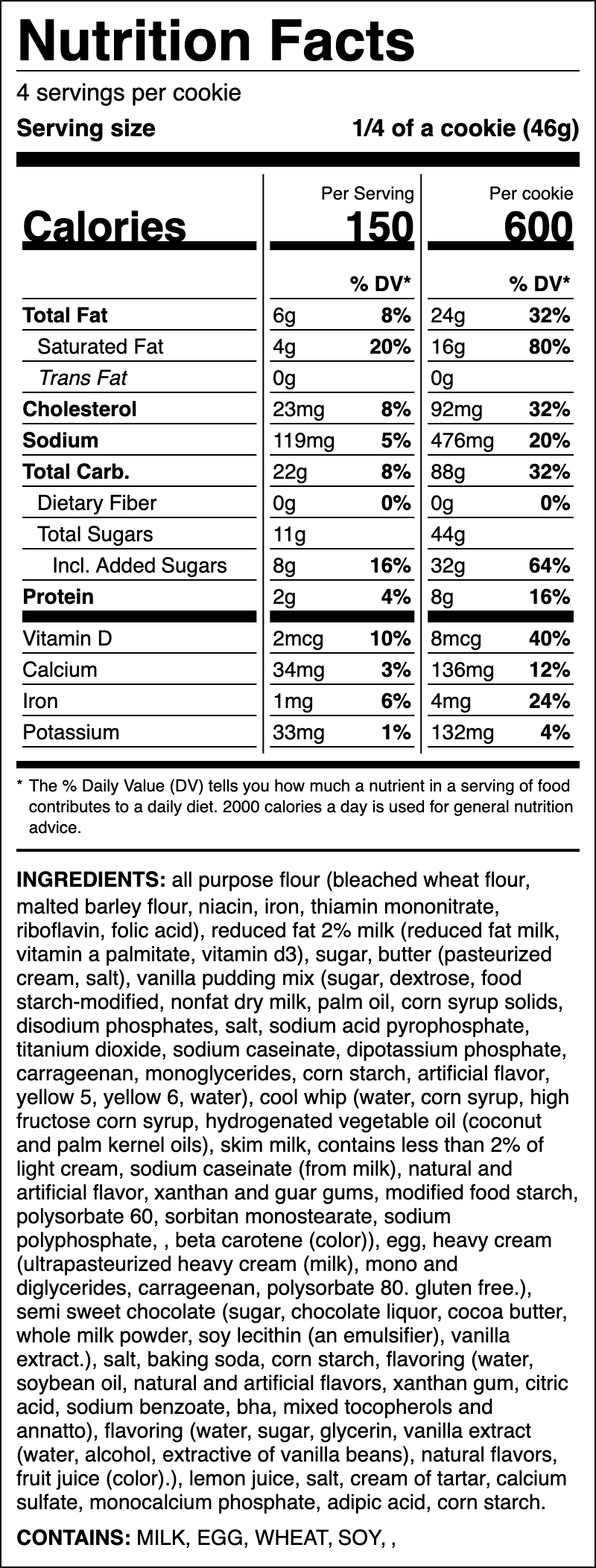 Nutrition label for Boston Cream Pie