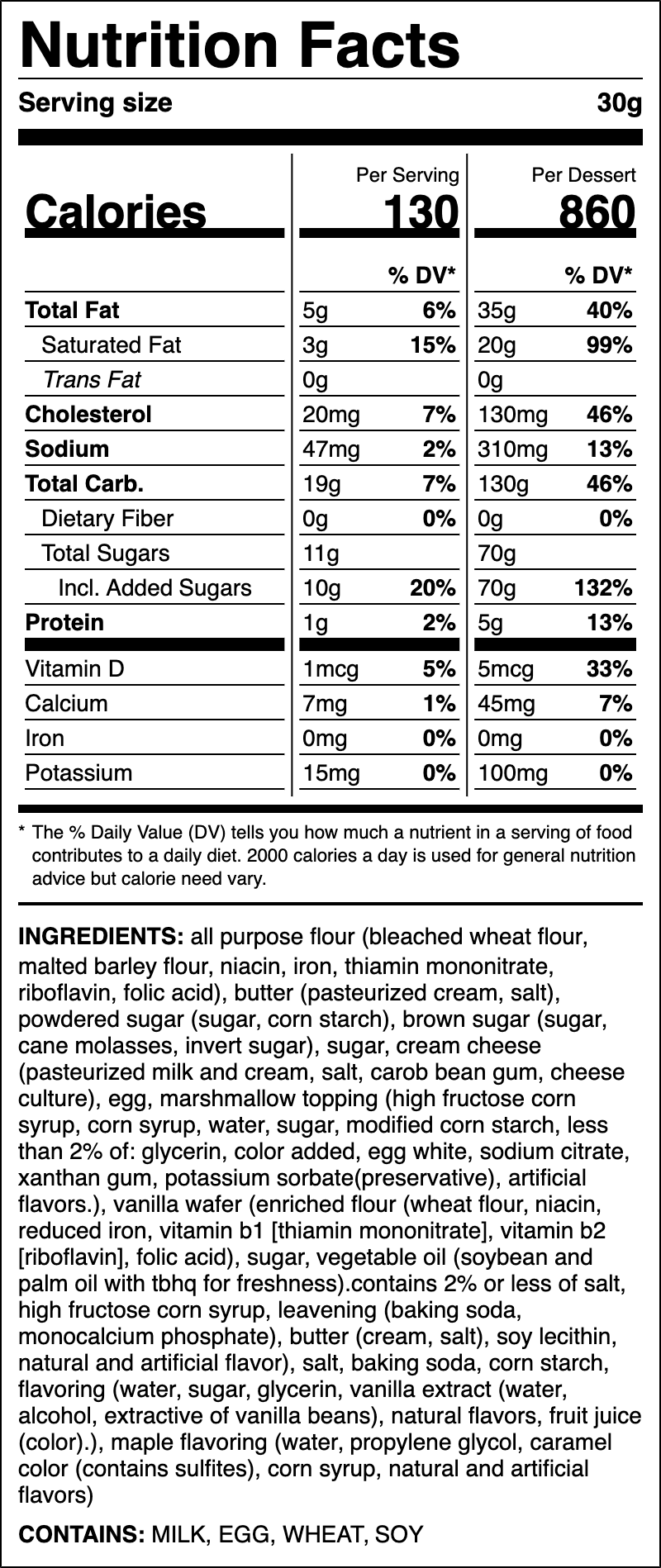 Nutrition label for Maple Cream Sandwich