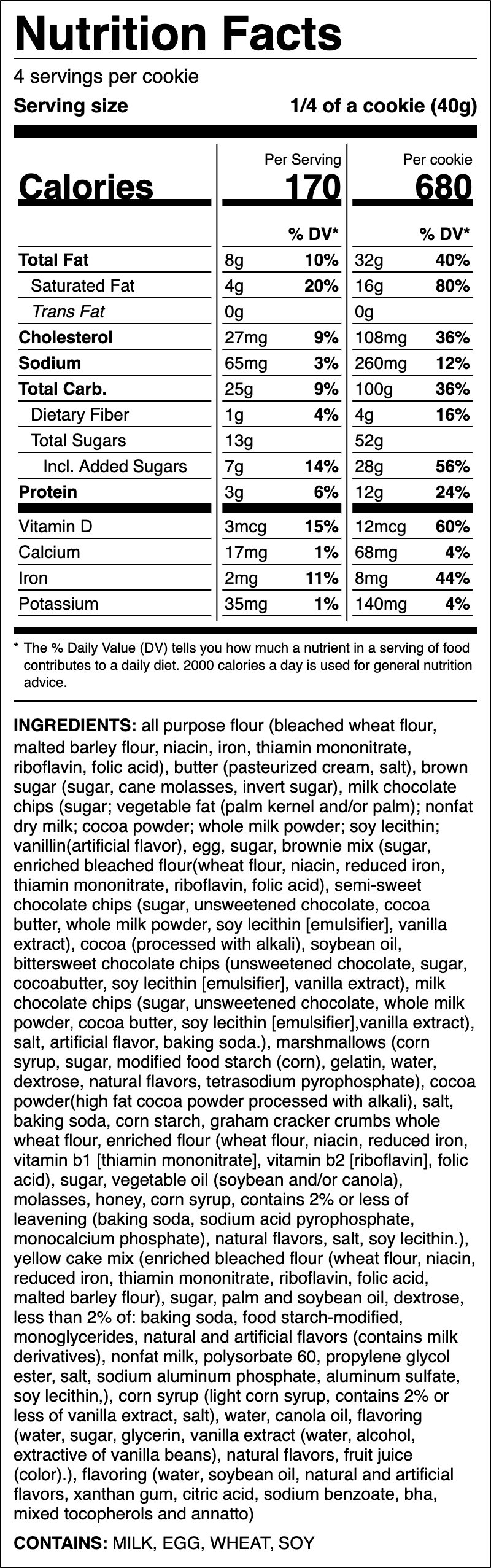 Nutrition label for S'mores Brownie