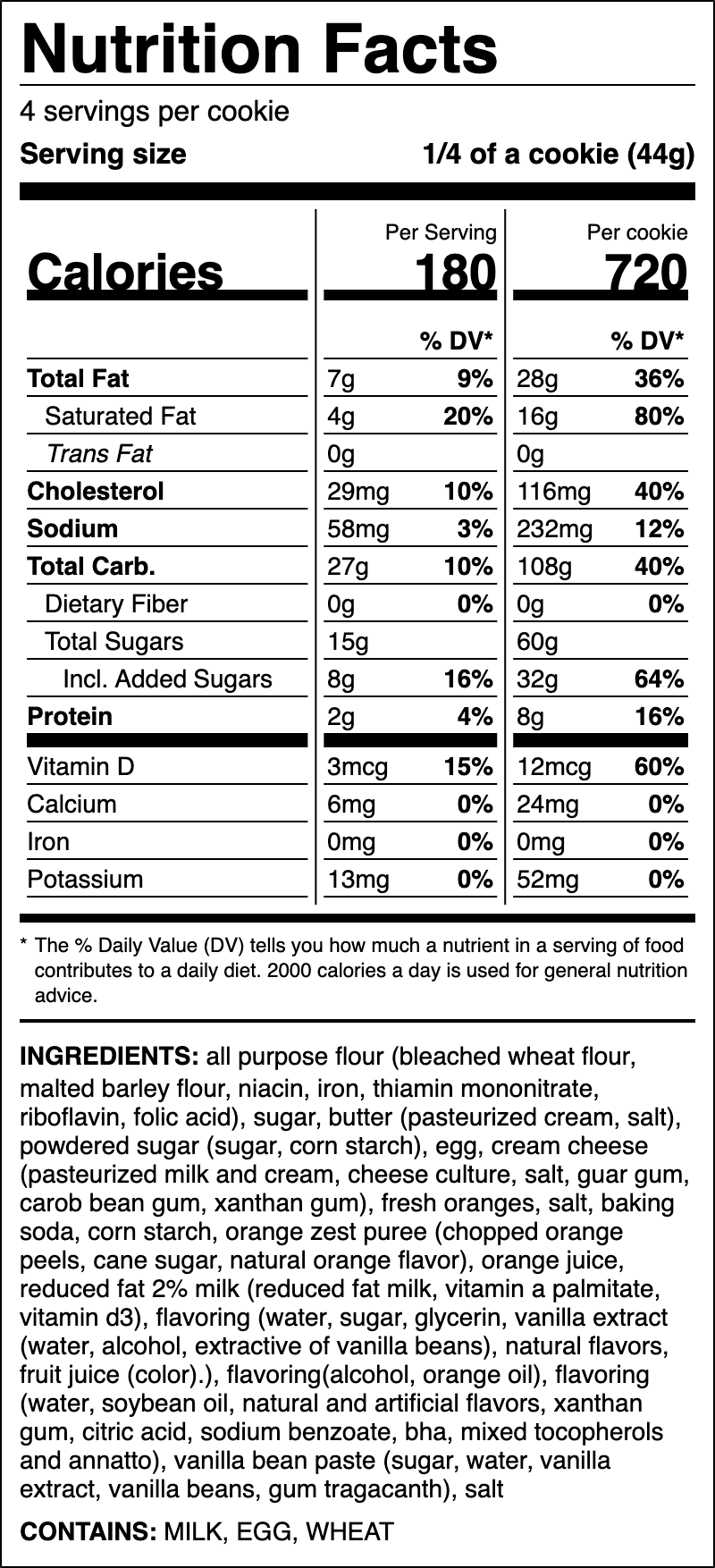 Nutrition label for Orange Roll