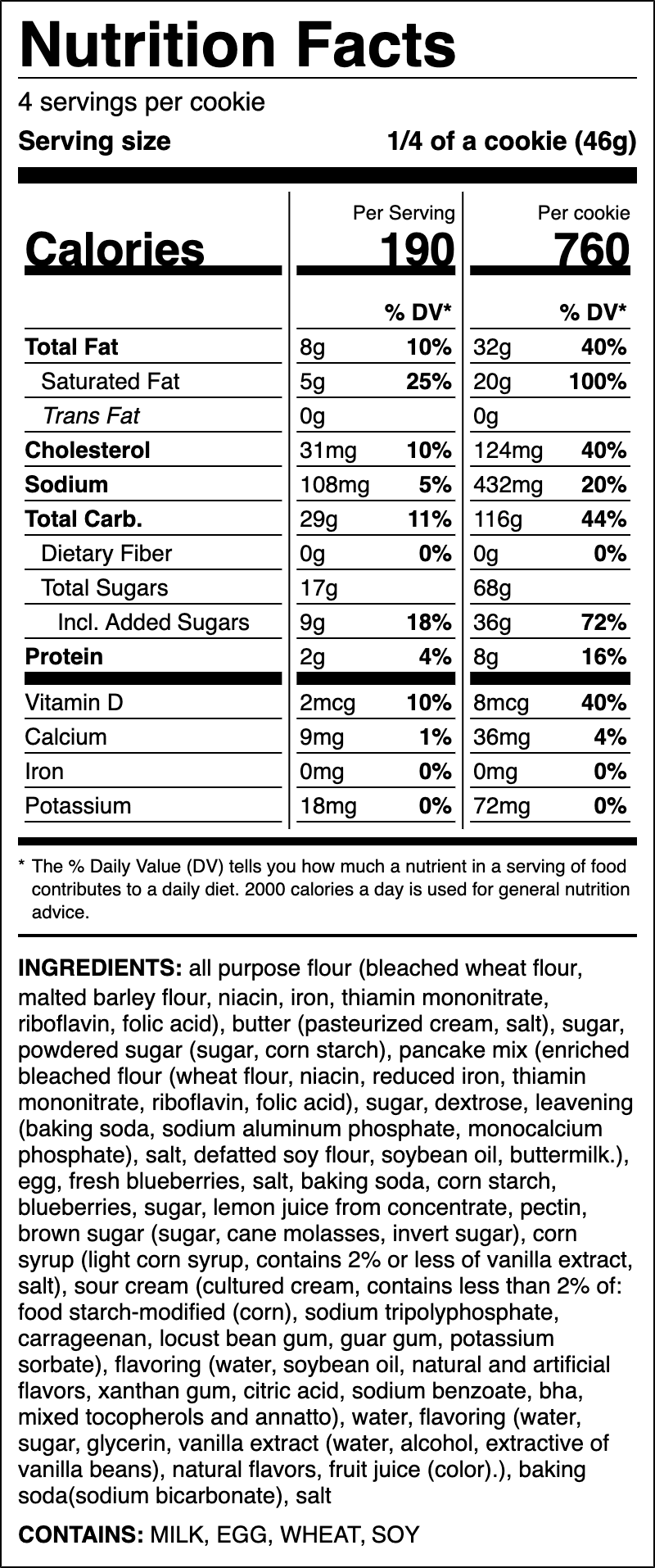 Nutrition label for Blueberry Pancake
