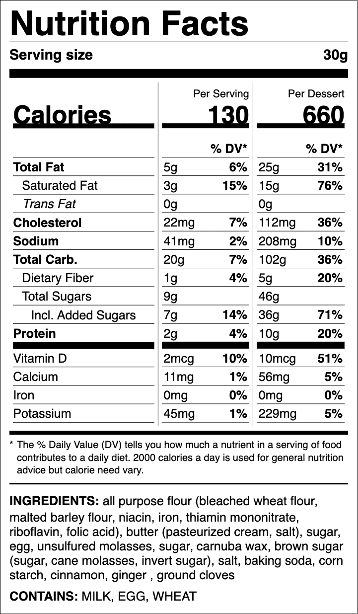 Nutrition label for Gingersnap