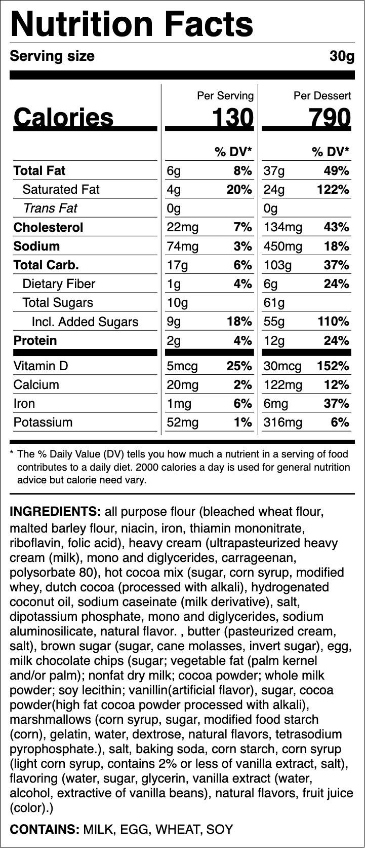 Nutrition label for Frozen Hot Chocolate