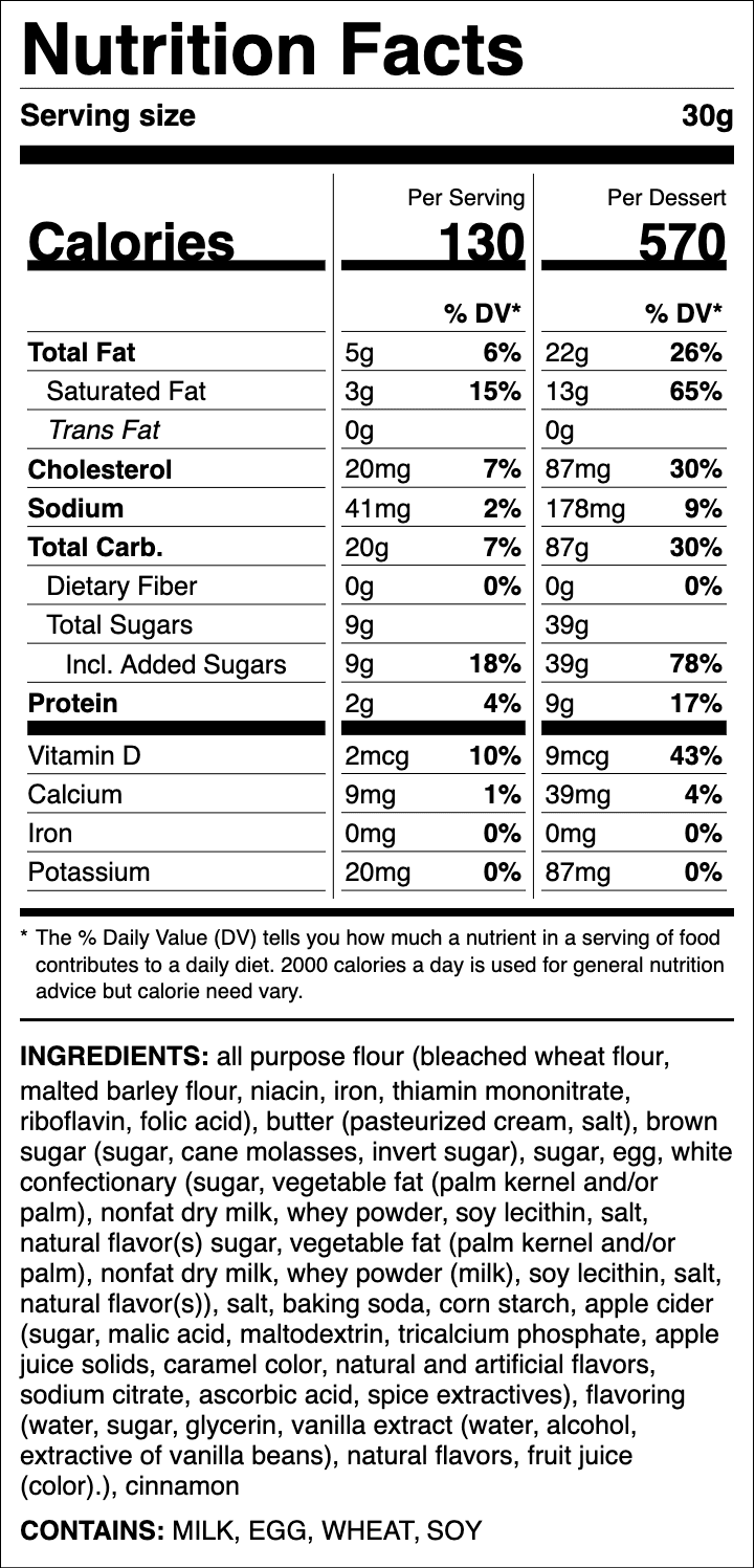 Nutrition label for Spiced Apple White Chip