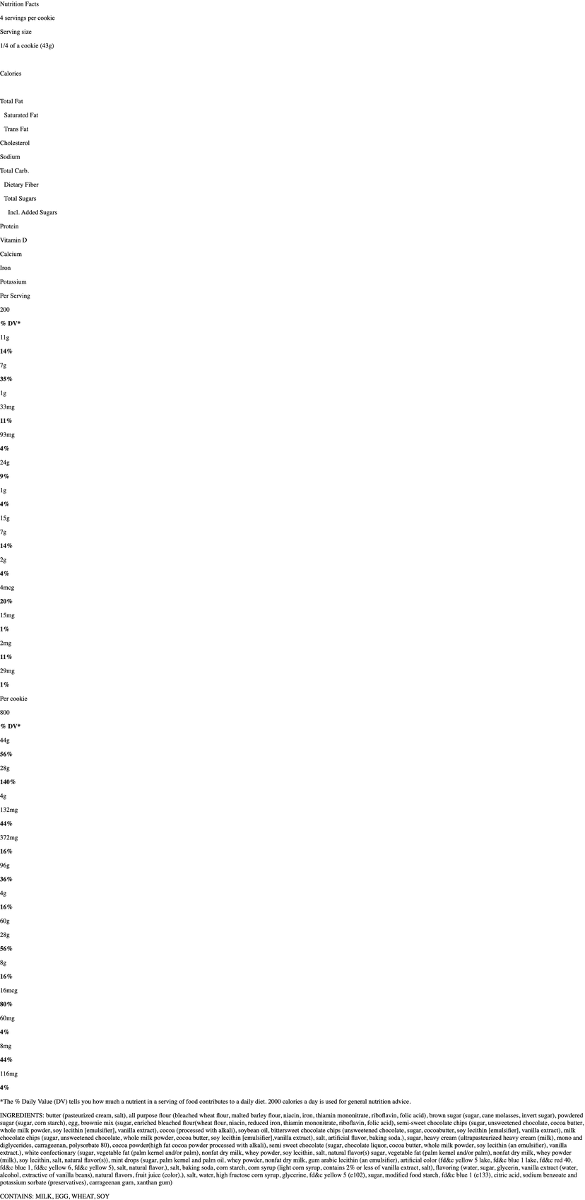 Nutrition label for Mint Brownie