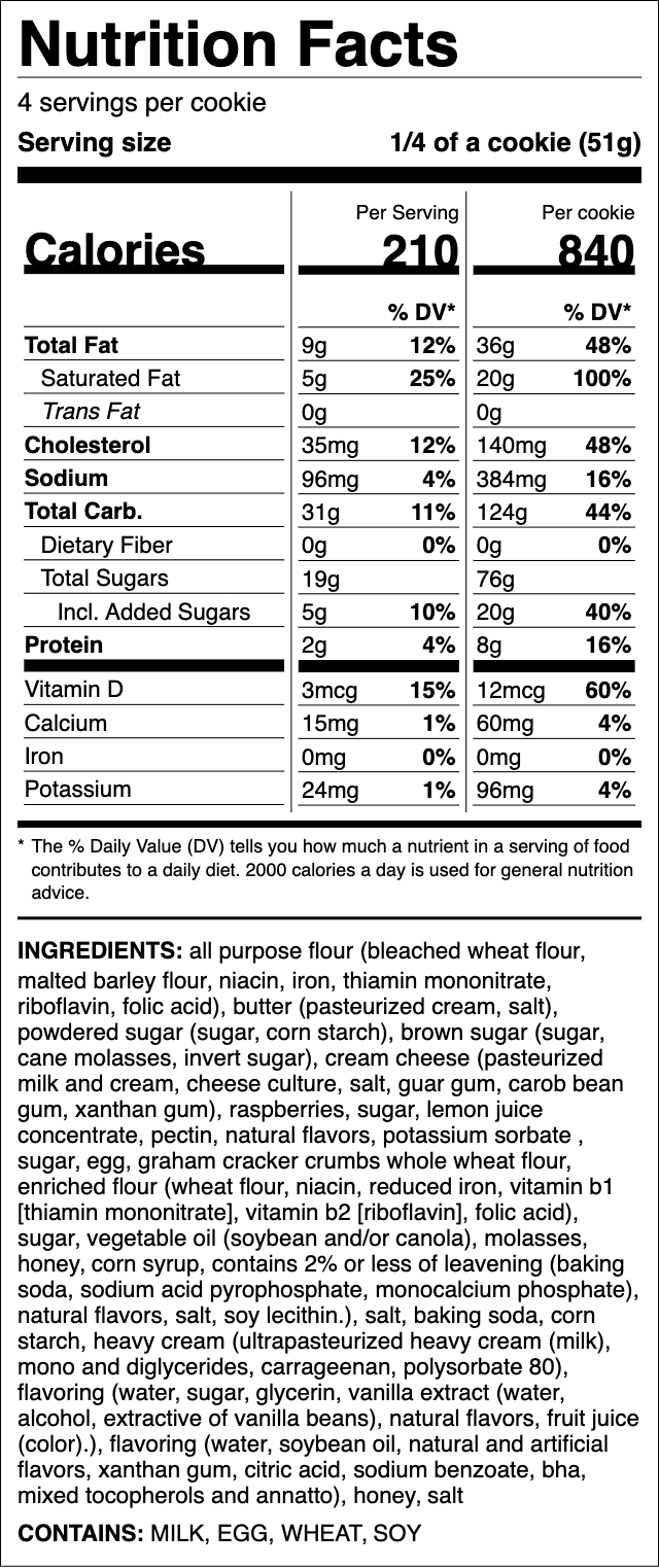 Nutrition label for Raspberry Cheesecake Cookie
