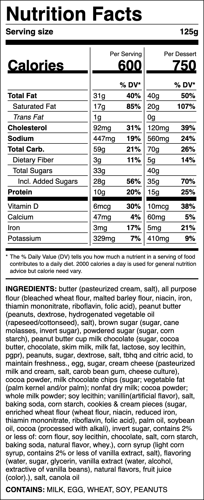 Nutrition label for Chocolate Peanut Butter Pie Cookie