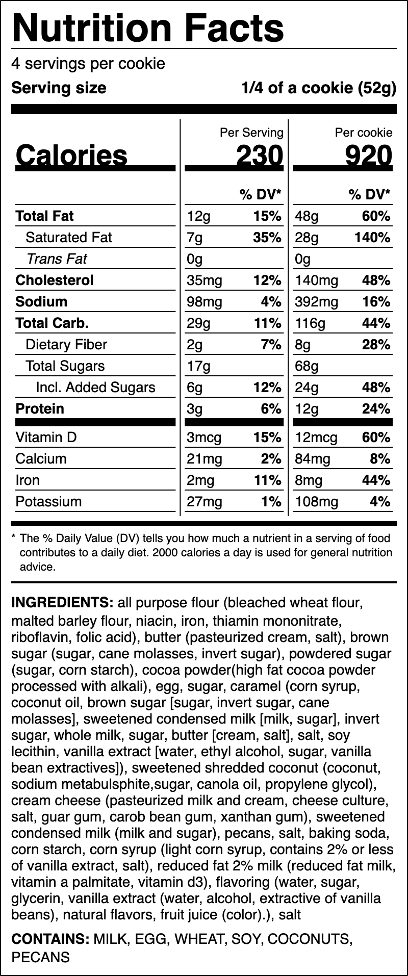 Nutrition label for German Chocolate Cake Cookie