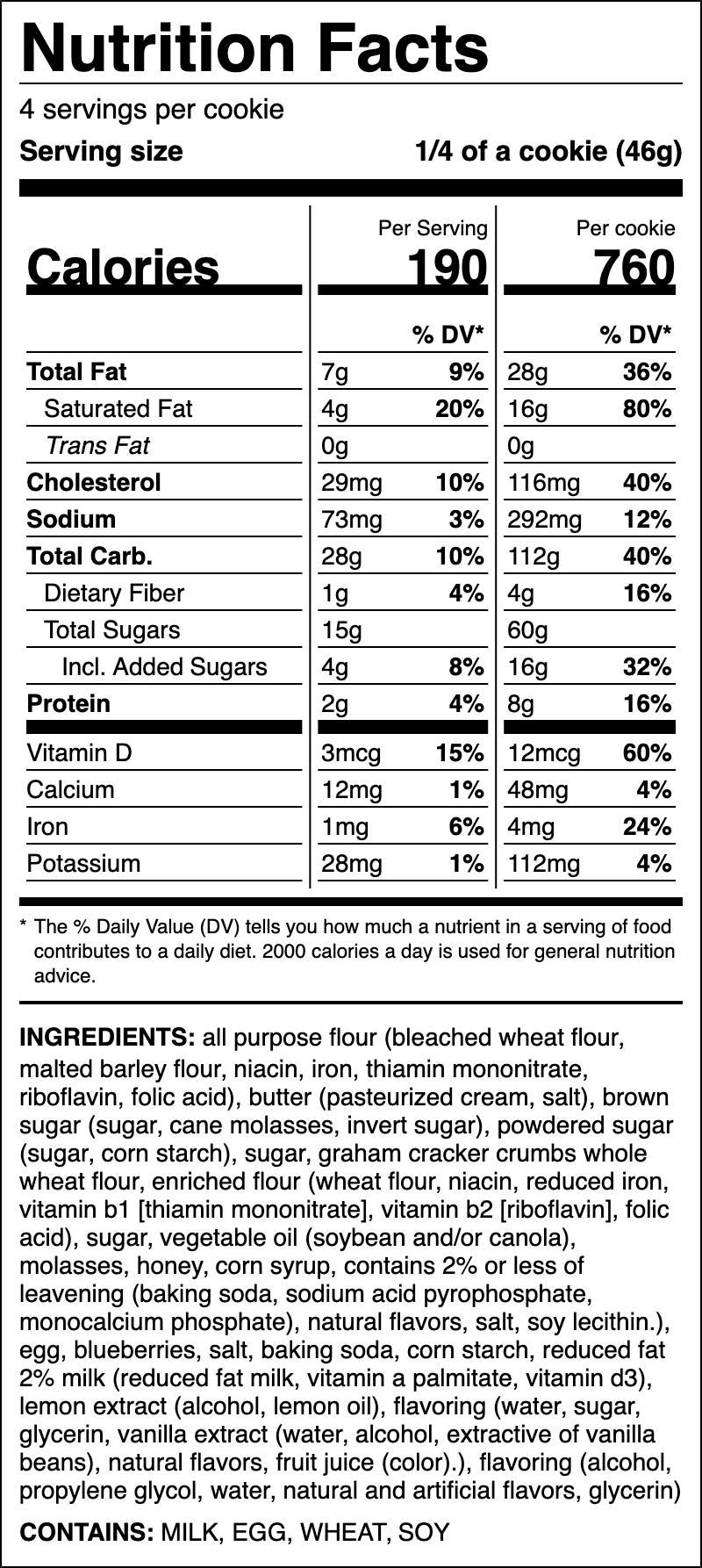 Nutrition label for Blueberry Crumb Cake Cookie