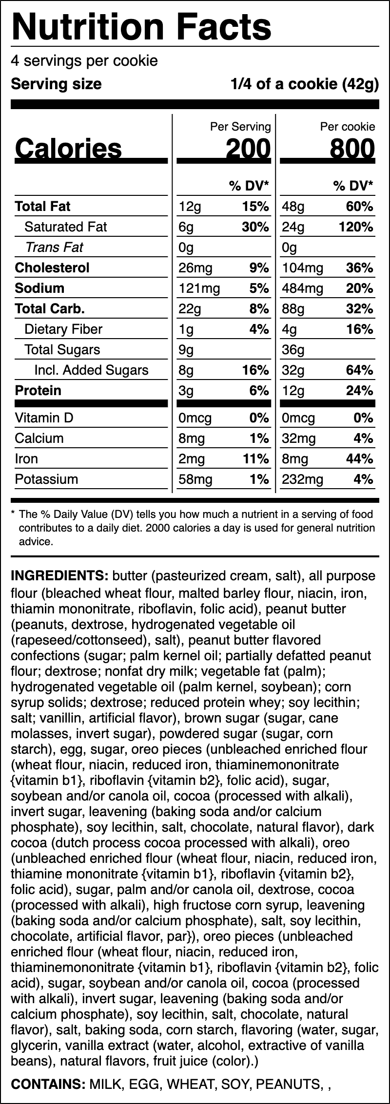 Nutrition label for Chocolate Peanut Butter ft. OREO