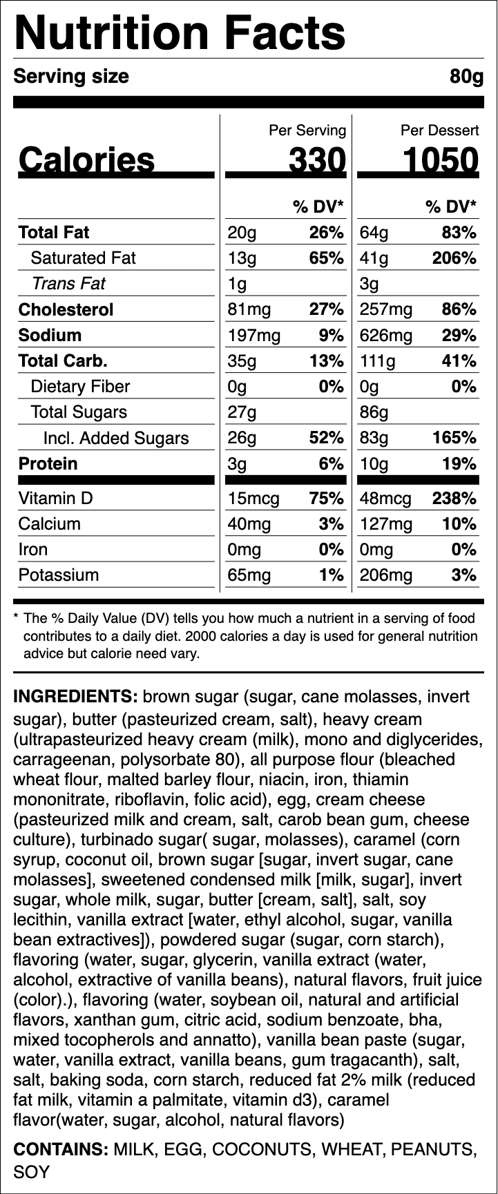 Nutrition label for Caramel Toffee Butter Cake