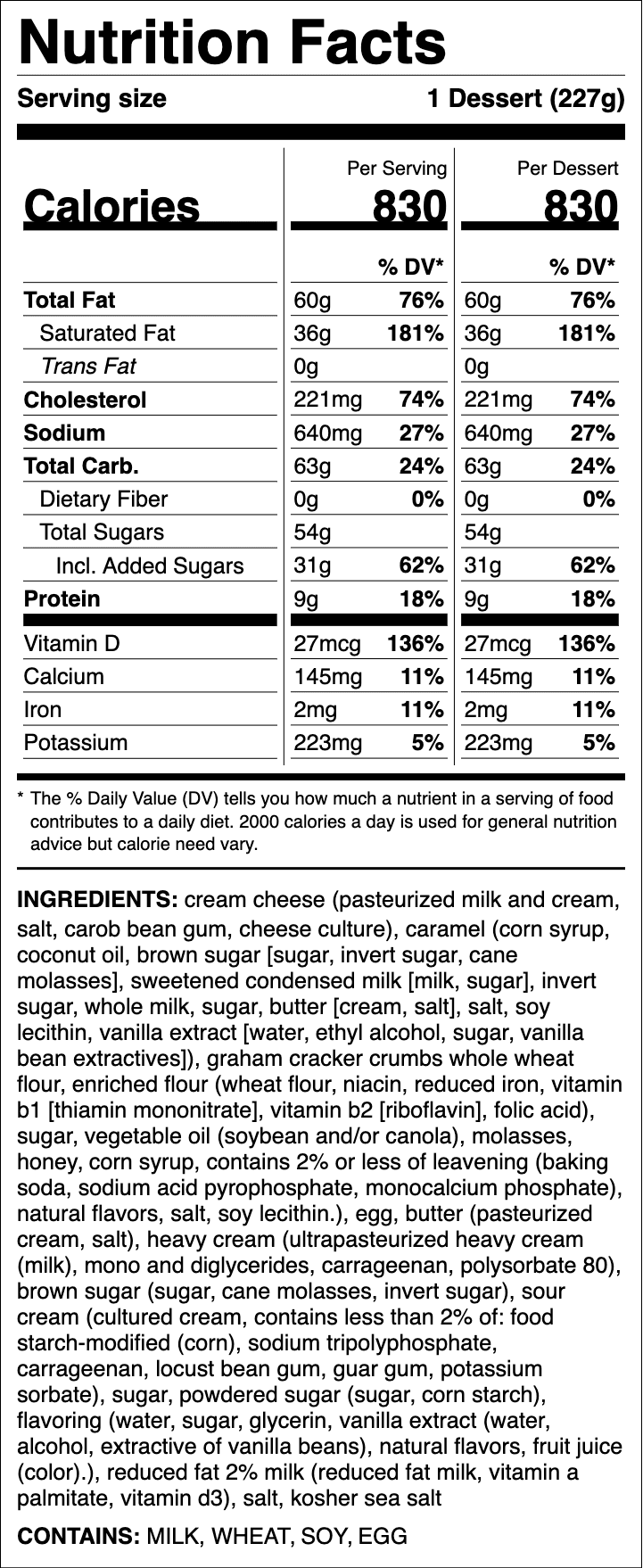 Nutrition label for Salted Caramel Cheesecake