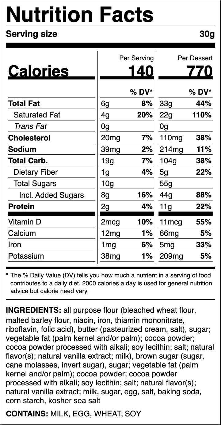 Nutrition label for Semi-Sweet Chocolate Chunk