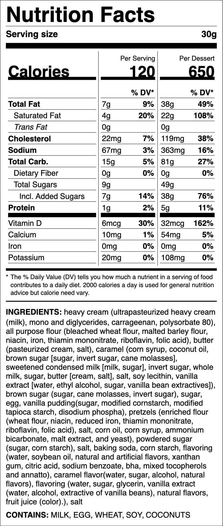 Nutrition label for Salted Caramel Pretzel Pie