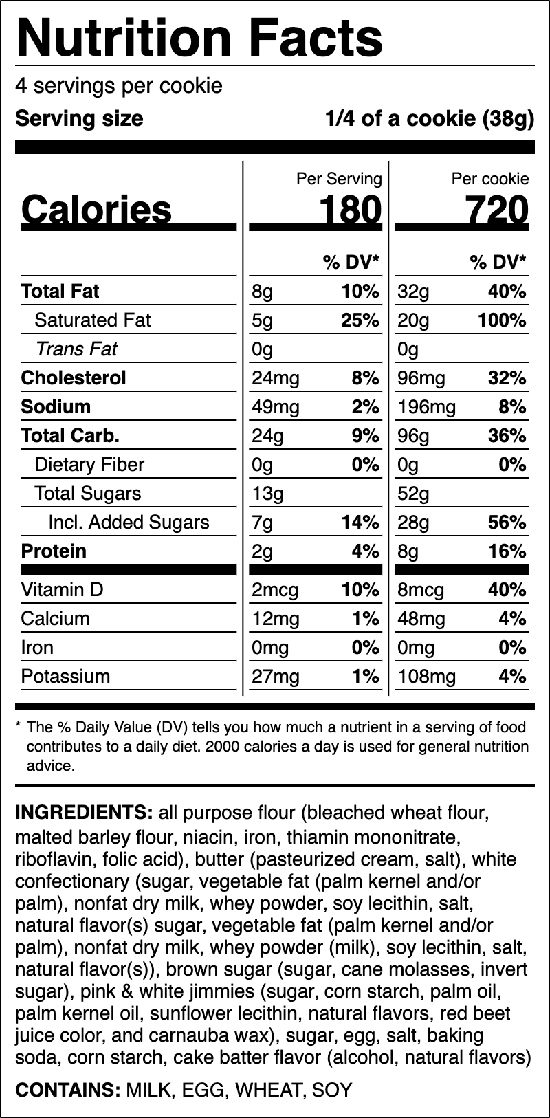 Nutrition label for Cake Batter Blondie (Pink & White)