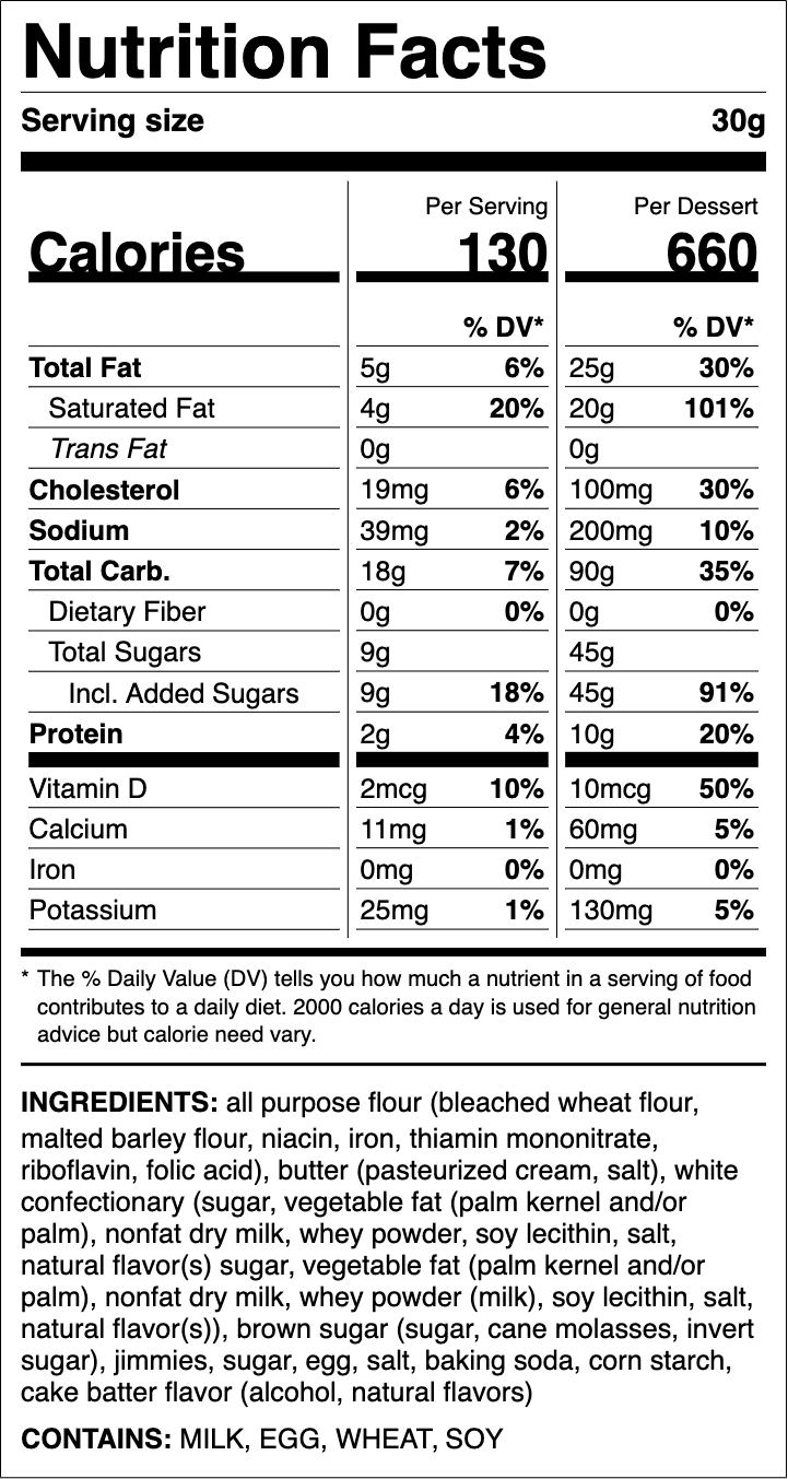 Nutrition label for Halloween Cake Batter Blondie