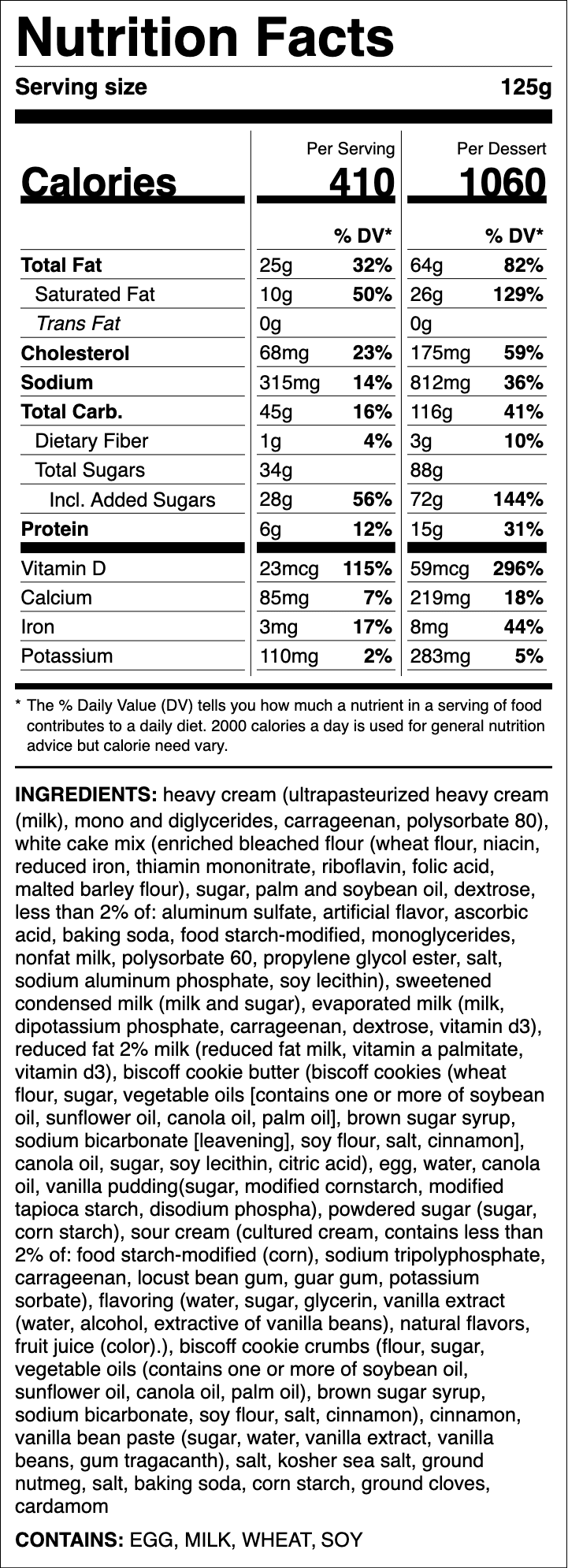 Nutrition label for Tres Leches Cake ft. Lotus Biscoff