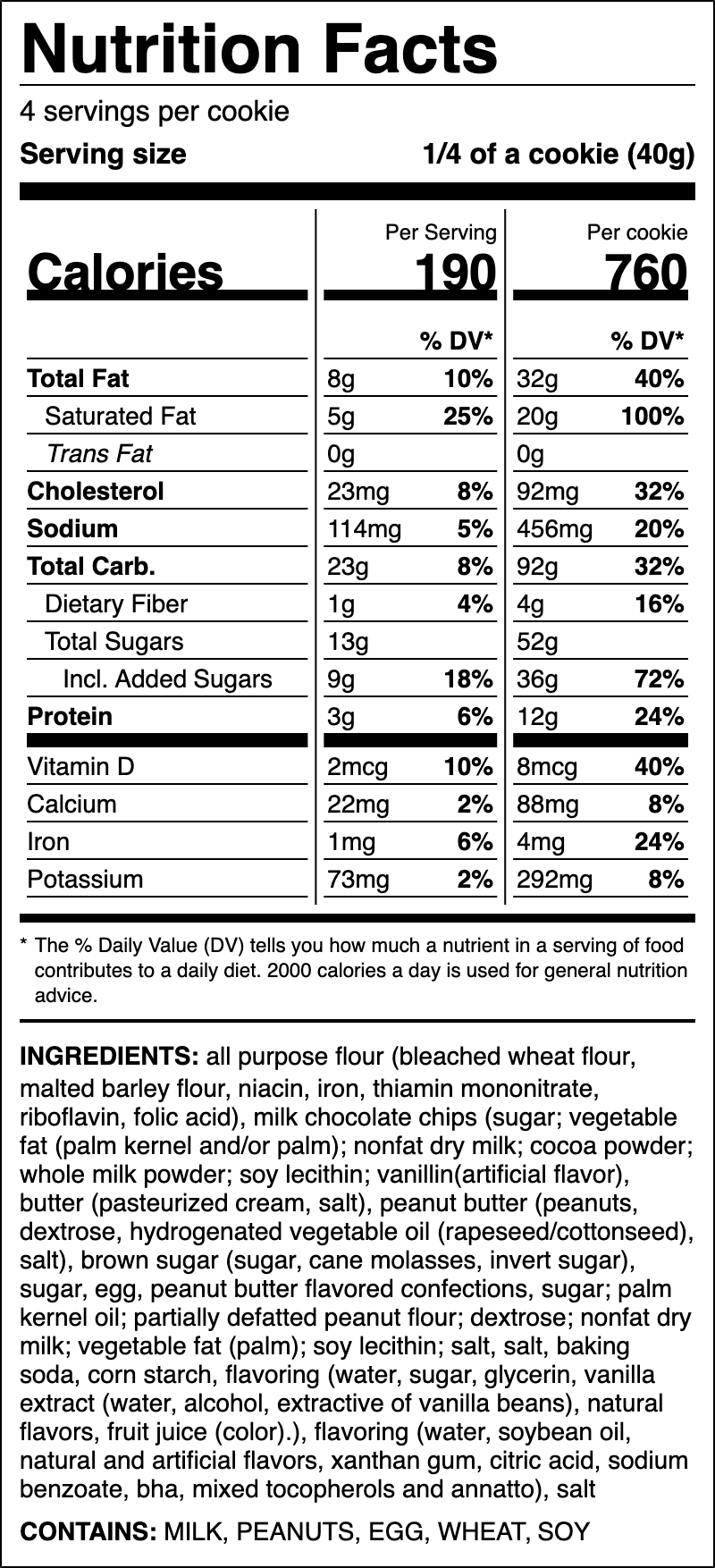 Nutrition label for Peanut Butter Chocolate Chip