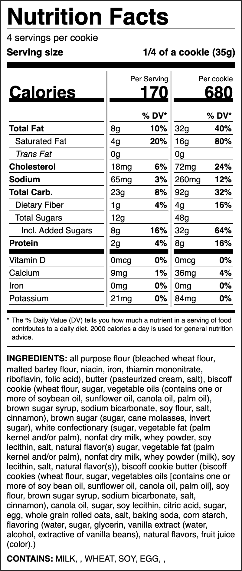 Nutrition label for Cookie Butter White Chip ft. Lotus Biscoff