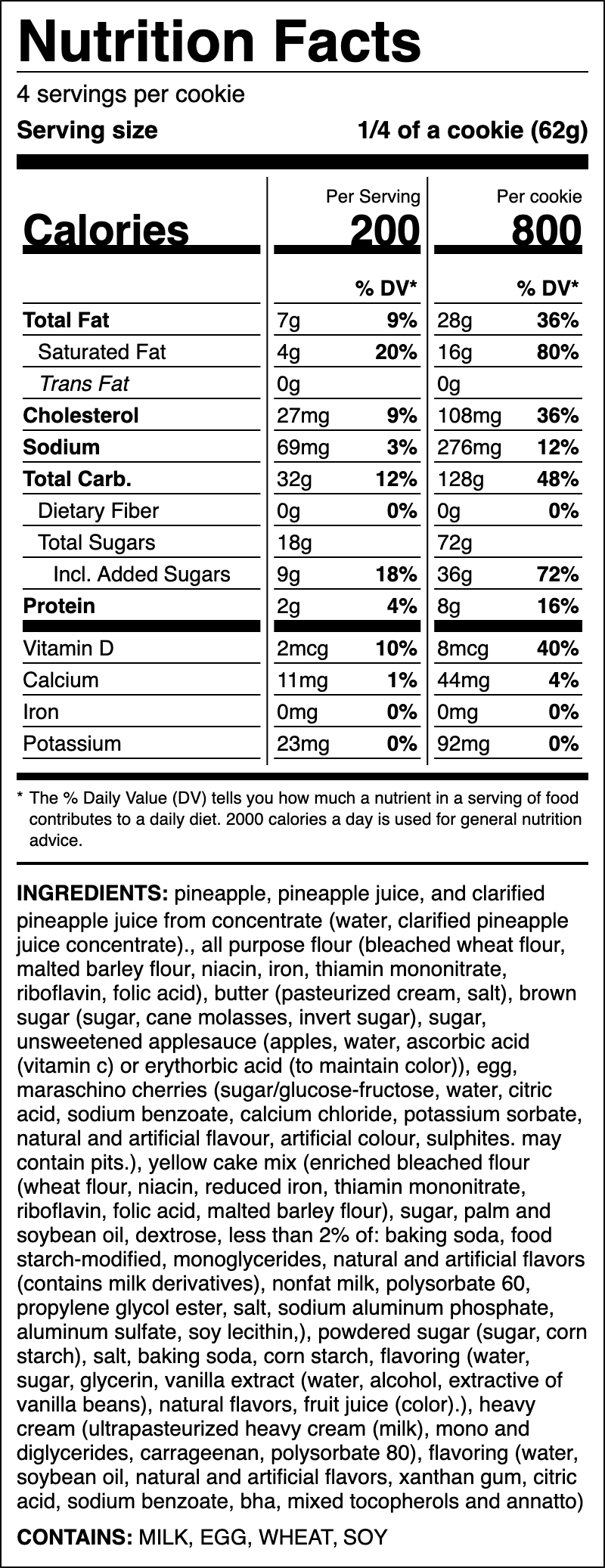 Nutrition label for Pineapple Upside Down Cake Cookie