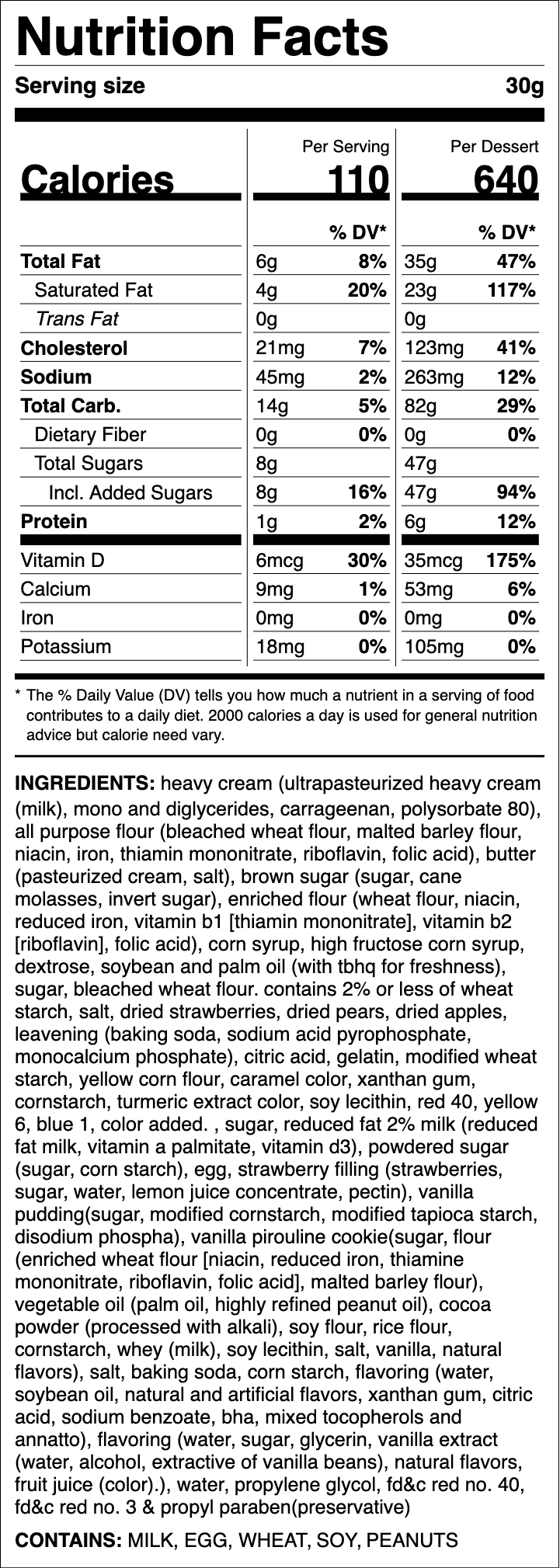 Nutrition label for Strawberry Milk ft. Pirouline