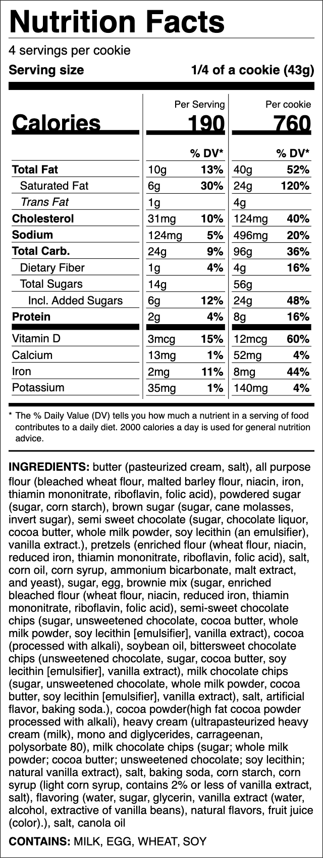 Nutrition label for Chocolate Covered Pretzel Pie