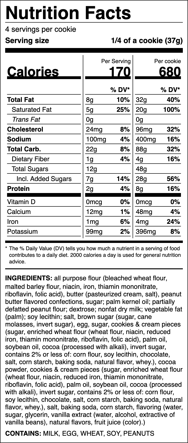 Nutrition label for Peanut Butter Cookies & Cream