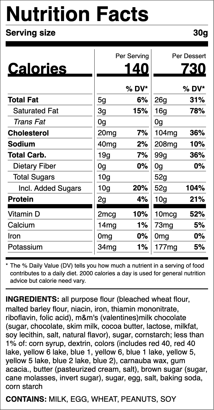 Nutrition label for Valentine's Original ft. M&M'S Candies