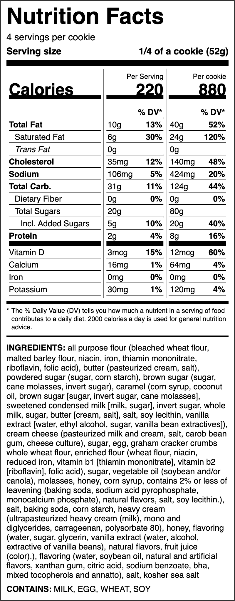 Nutrition label for Salted Caramel Cheesecake Cookie