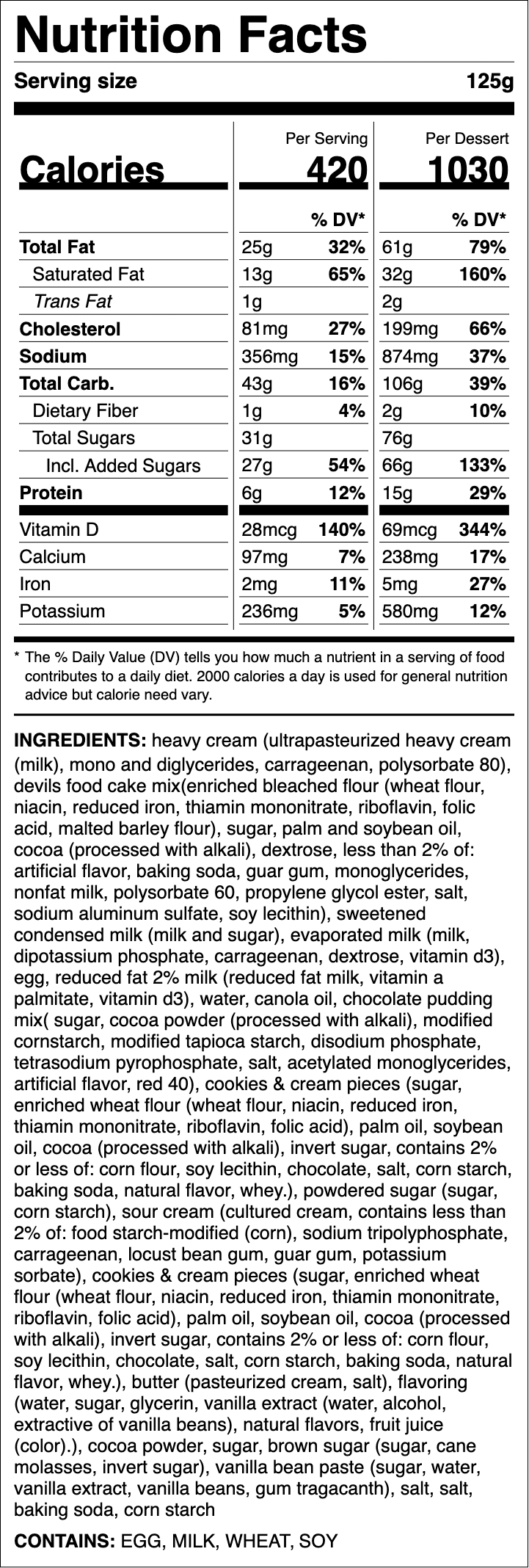 Nutrition label for Cookies & Cream Tres Leches Cake